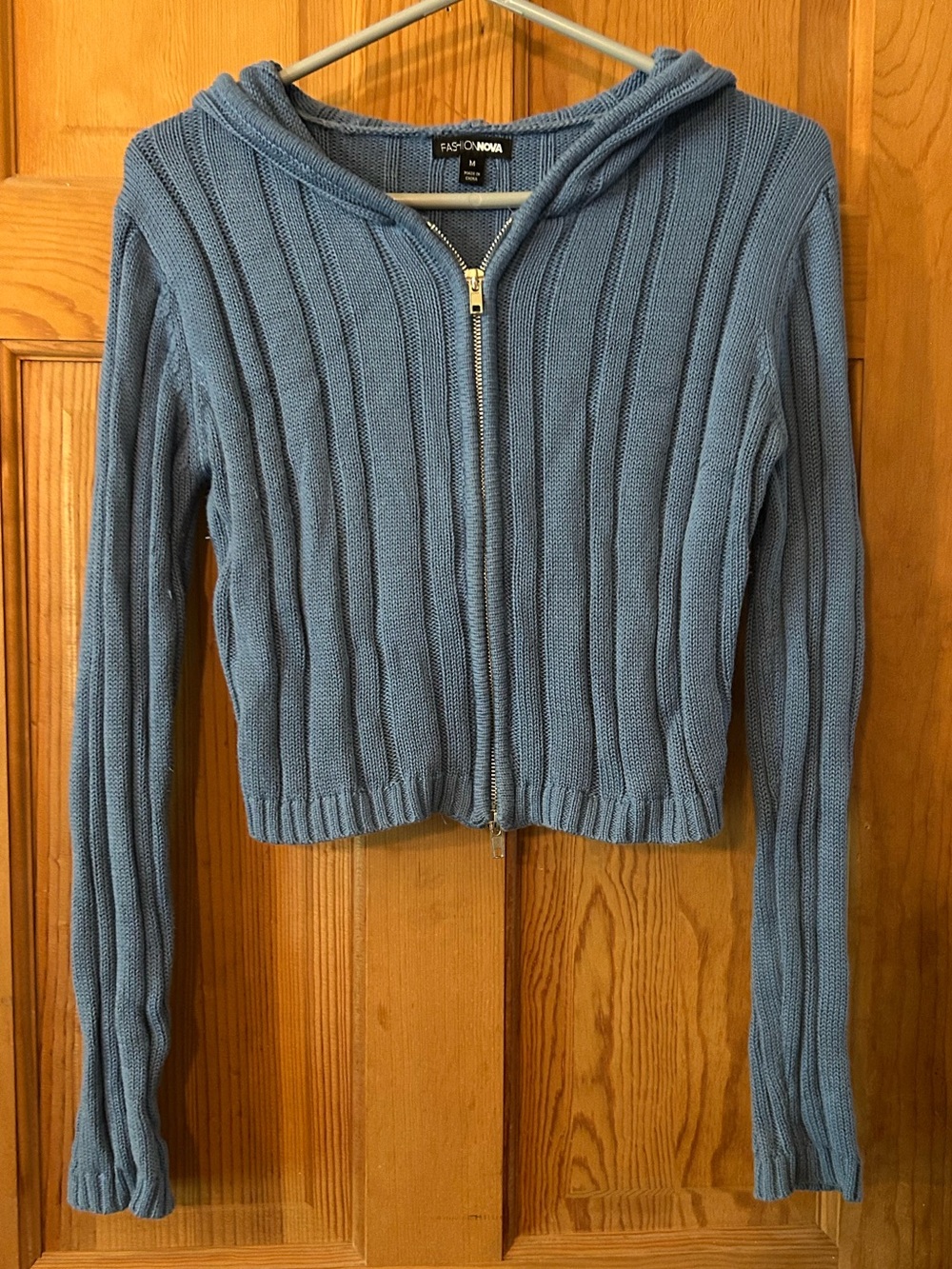 Fashion Nova Ribbed Zip Cropped Hoodie in Dusty Blue